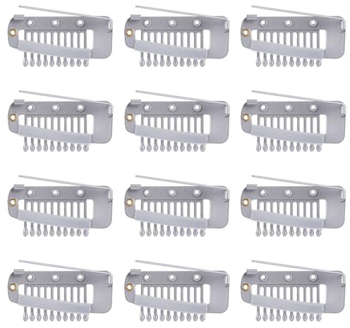 12pcs Pince Perruque avec Épingles de Sûreté, Extension Cheveux Pince à 10 Dents Invisible Forte Chunni Grip Dupatta Clips de Réglage pour Filles Femmes Perruque Foulard hijab et Tikka(Argent)