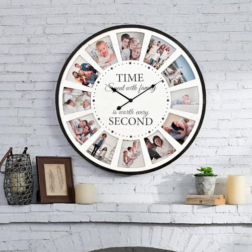 UPPER DECOR Large Wall Clock with Picture Frames Collage, Vintage Rustic Clock Wall Decor, Big Farmhouse Wall Clock for Home, Kitchen, Living Room, Silent Battery Operated 24 Inch White