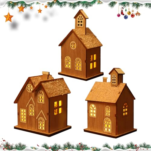 DZAY 3 Stück Weihnachtsdorf Beleuchtet Weihnachtsdeko Holz Häuser Deko,Weihnachtsdeko Häuser Weihnachtslaterne LED,Winter Deko Holzhaus Weihnachts Deko Innen Holz Teelichter Adventsdeko (3 Stück)