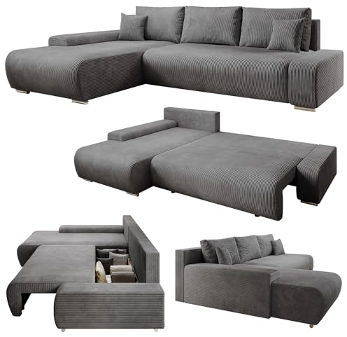 Juskys Sofa Iseo Links mit Schlaffunktion - Stoff Couch L Form für Wohnzimmer, bequem, ausziehbar - Schlafsofa Ecksofa Eckcouch Schlafcouch Dunkelgrau