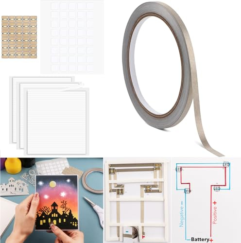 Weiße LED-Schaltungsaufkleber und leitfähiges Gewebeband, leichtes Bastelset, Mini-Starter-Set zum Basteln, 30 Stück/Set, weiße LED-Lichter, 10 m leitfähiges Gewebeband und 93 Streifen Klebebänder für
