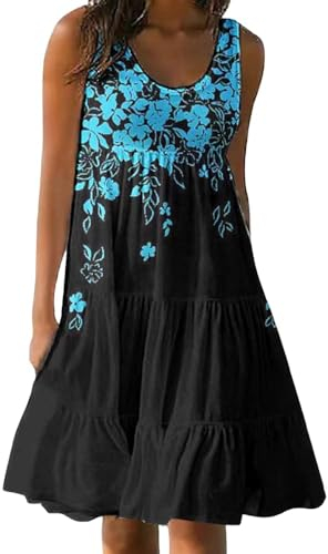 2024 Frauen Rundhalsausschnitt Ärmellos Floral Print Tasche T-Shirt Casual Strand Abdeckung up Sundress Sommer Plain Weste Sundresses Sonne (Schwarz 3,S)