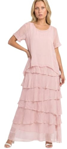 Alam Exclusive Lagenlook Robe longue en soie unie à manches courtes et volants pour femme Taille unique, rose pâle, 36-44