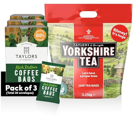 Yorkshire Tea Bundle (Total of 1040 Tea Bags) + Taylors of Harrogate Rich Italian Coffee Bags, 3 Boxes of 10 (Total 30 Bags) – Perfect for the Office