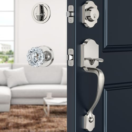 Calzibeno Brushed Nickel Front Door Handle and Deadbolt Set, Front Door Lock Set with Crystal Glass Door Knob, Exterior Door Lock Set with Single Cylinder, Reversible for Right & Left, Satin Nickel