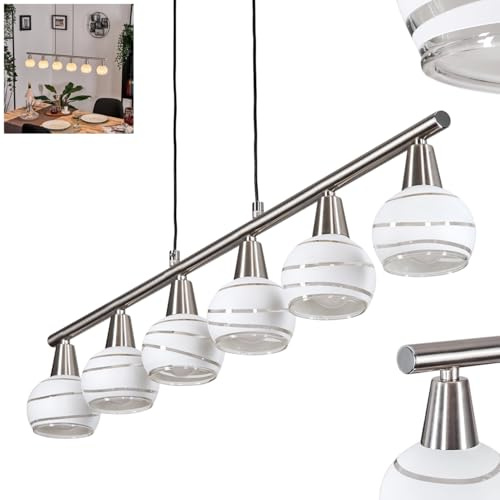 HOFSTEIN Pendelleuchte Warga, 6-flammige Hängelampe aus Metall/Glas in Nickel-matt/Weiß/Klar, Hängeleuchte im Retro/Vintage-Design, Höhe max. 160 cm, E14, 5 W, 400 Lumen, Esszimmer, Wohnzimmer, Küche