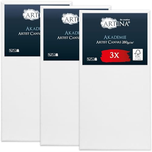 Artina Set de 3 Canvas Toile Peinture Grand Format 60x120 cm – Tableau Peinture Châssis Entoilés en Bois FSC© – Tableau a Peindre Blanche 100% Coton 280g/m² – Toiles à Peindre Stable Akademie