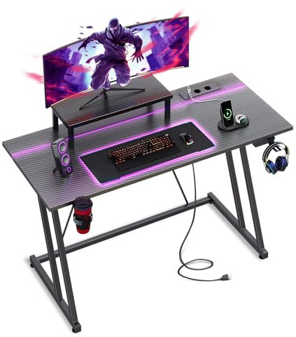 ODK Gaming Schreibtisch mit LED & Steckdose, 100 x 50 cm Ergonomischer Computertisch mit Abnehmbarem Monitorregal, Gaming Tisch mit Kohlefaseroberfläche
