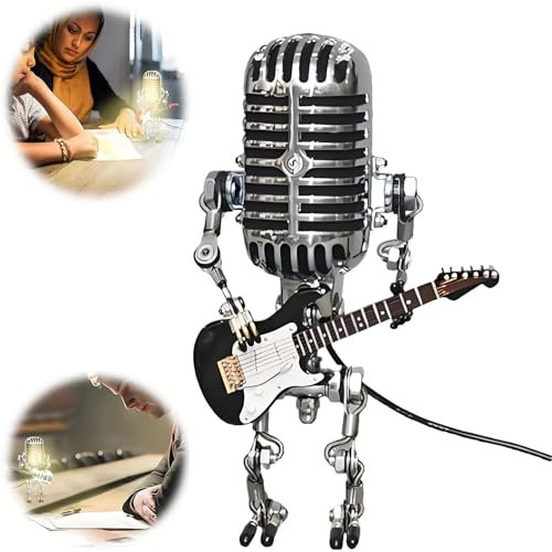 YRBKBYBC Sherum Mic Rockbot, Vintage Microphone Guitar Robot Lamp, Music Gifts for Men, Cool Gifts for Music Lovers, Vintage Light Home Decor Nightstand Desk Lamp for Bedroom, Music Studio(Black)