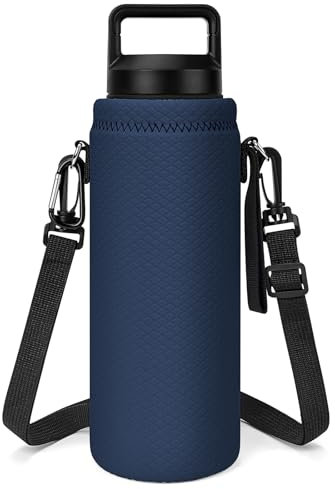 Linkidea Porte-bouteille d'eau compatible avec la bouteille d'eau YETI Rambler 36 oz, la bouteille d'eau Yonder 1,5 L/50 oz, sac à bandoulière isolé en néoprène avec dragonne (Bleu marine)