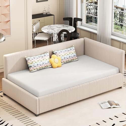 Dolamaní Schlafsofa Cord Beige 90 x 200 cm, Modernen Sofa mit Lattenrost- mit Schlaffunktion-Cordstoff & Samtstoff