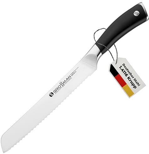 GROSSMAN® 009PF | Brotmesser 33,0 cm | Ultrascharfer Küchenmesser | Deutschem Edelstahl Klinge 20,0 cm | mit Ergonomischen Griff 13,0 cm (220 Gramm)
