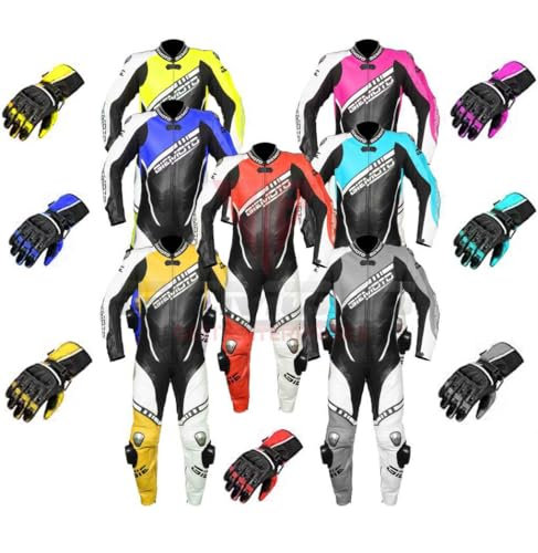 GIEMOTOO Combinaison de Protection en Cuir de Vache blindé avec Protection en Titane et Bosse de Course avec Gant Gratuit, Noir/Rouge/Blanc, 2XL (UK46-EU56)