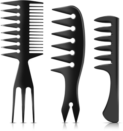 DUAIU Set di 3 pettini per l'acconciatura dei capelli per uomo nero a denti larghi, pettine per texture per ciuffo, Pompadour, capelli lisciati, capelli finti, taglio corto