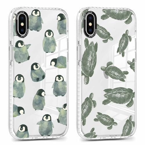 Phoona 2 packs Phone Case for iPhone X 5,8'', Cute Clear Transparent Cover with Penguins turtles Pattern Aesthetics Design, Soft Shockproof Protective Slim Funda for Women Girls