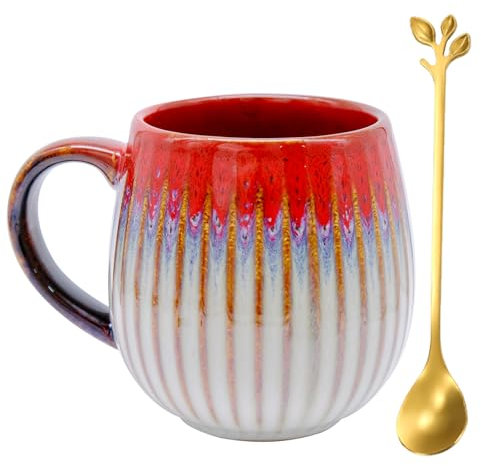 inheming Coffee Mug, Coffee Cup 500mL, Porcelain Tea Mugs,Vintage Ceramic Mug with Spoon,Ceramics Coffee Mugs,Stoneware Coffee Mugs (Red)