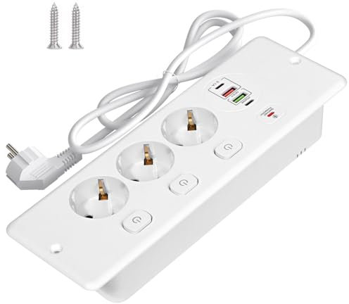 Pfloge® Prise Encastrable Plan de Travail, Multiprise Encastrable avec 3 Prises, 2 USB A+2 USB C, 3 Interrupteurs Séparés pour Table de Conférence, Bureau, Poste de Travail, Blanc