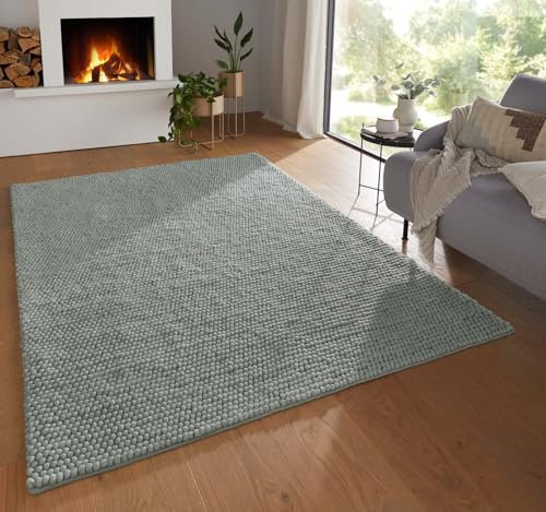 Taracarpet Moderner Landhaus Wollteppich gewalkt Bubble fürs Wohnzimmer, Schlafzimmer und Esszimmer Teppich aus Schurwolle nachhaltig grün 130x190 cm