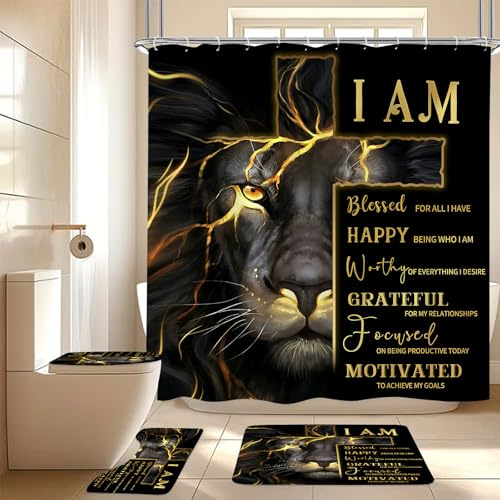 EMHOME 4 PCS Shower Curtain Set,Black Gold Lion Shower Curtain Set