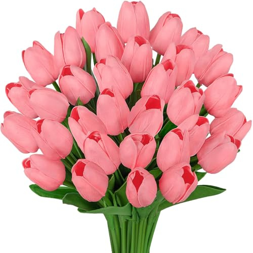 Wekuw 15 st konstgjorda konstgjorda tulpaner realistiska blommor för bukett 33 cm falska latextulpaner, gör-det-själv tulpaner, brudbukett, hotell, fest, heminredning (rosa)