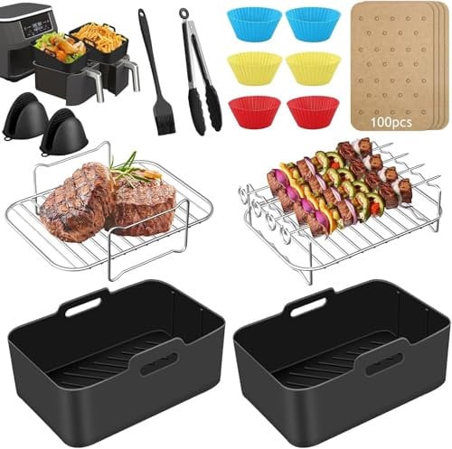 24 Pcs Air Fryer Accessories Set for Ninja,Tower,Instant, Vortex, Innsky, Princess, Emerio, Salter 7.6L-9.5L Dual Air Fryer, Including Air Fryer Liners, Racks, Gloves
