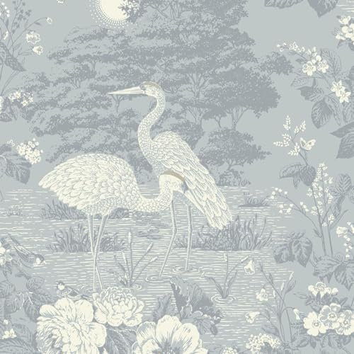 Belgravia Decor Izumi Crane Themed Elegant Oriental Japanese Wallpaper Ideal for Living Rooms, Contemporary Bedrooms, Dining Areas and Restroom Wall Covering in Blue 742