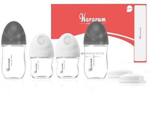 Kit Biberons en Verre, Biberon pour Nouveau-nés 0+ mois, 80 ml & 160 ml vec Tétine débit très lent (SS) et Débit lent (S) en forme de sein, Anti-colique, Lot de 4 - Blanc & Noir