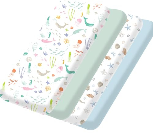 Little Grape Land Travel Cot Fitted Sheets 95×65cm (4 Pack), Travel Cot Mattress Sheets, Ultra Soft & Breathable Microfiber, 360° Elastic Snug Fit, Ocean Friends Prints with Solids, Machine Washable