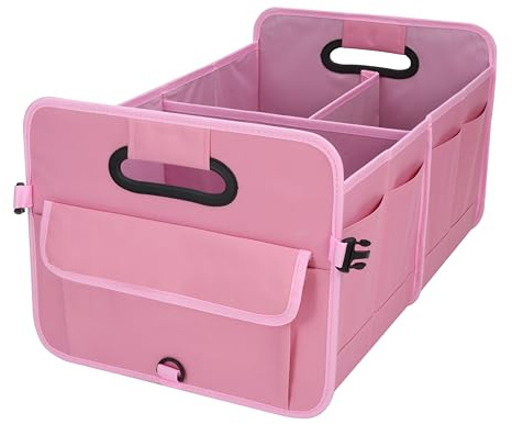 austoces Car Boot Organizer,Collapsible Durable Multi Compartments Car Storage Organiser With Adjustable Straps (Pink)