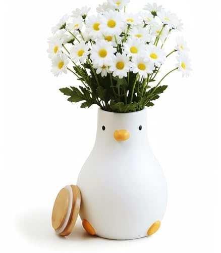 PURROOM Cute Duck Vase, 1700ml Storage Canisters Jar | with Wooden Lid for Kitchen Counter Decor, White Ceramic Modern Flower Vase for Home Office Shelf Decoration