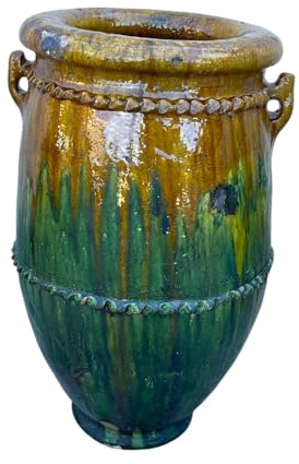 Vaso Marocchino Tamegroute, Anfora Artigianale in Ceramica, Verde e ocra, 38x38x62 cm
