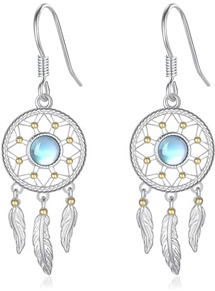 PARYFO Mondstein Traumfänger Ohrringe 925 Sterling Silber Traumfänger Hänge Ohrring mit Mondstein Feder Ohrringe Traumfänger Schmuck Geschenke für Frauen Mädchen Weihnachts Geschenke