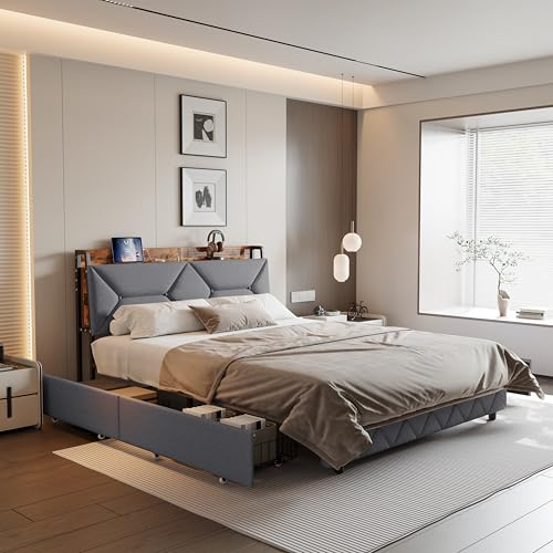 Bett mit Lattenrost 140x200 cm, Doppelbett mit 4 Schubladen, Stauraumbett Funktionsbett mit 3 USB und 1 Typ-C, Bettgestell für Erwachsene und Jugendliche, Grau, Ohne Matratze (Grau, 140x200cm)