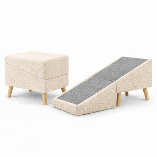 OttoPaw® – Hunderampe Klappbar - rutschfeste Hunderampe Bett & Sofa, für kleine & große Hunde, Multifunktional Dog Ramp mit Möbeldesign, Weich und bequem, 42cm hoch Hundetreppe faltbar, Off-White