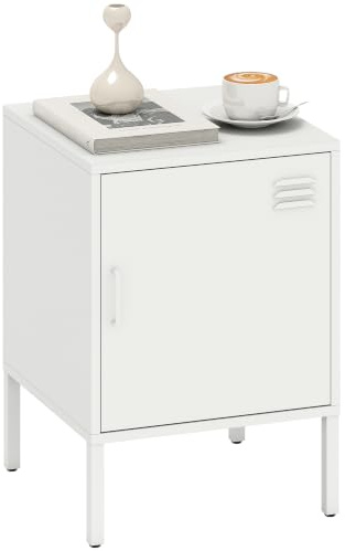 HOMCOM Nachttisch mit Magnetischem Türverschluss Weiß 40 x 40 x 56 cm | Stahl Beistelltisch mit Verstellbarer Ablage, Stahlrahmen, Industrieller Nachtschrank, Schlafzimmer, Wohnzimmer