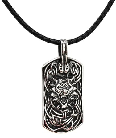 DALMARO Halskette Edelstahlkette Lederkette mit Anhänger Edelstahl 316L - WOLF PLATTE 05-04 Wikinger Biker Kette Schmuck Herren/Damen (Lederkette, WOLF PLATTE 05-04, 50 cm)