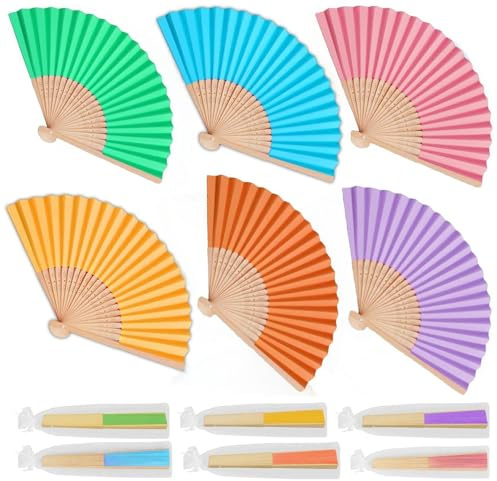 hxaiyouu 6PCS Paper Fan Rainbow Bamboo Hand Fan Folding with Organza bags for Wedding Gift Women Bride Party Supplies Home Decoration,DIY