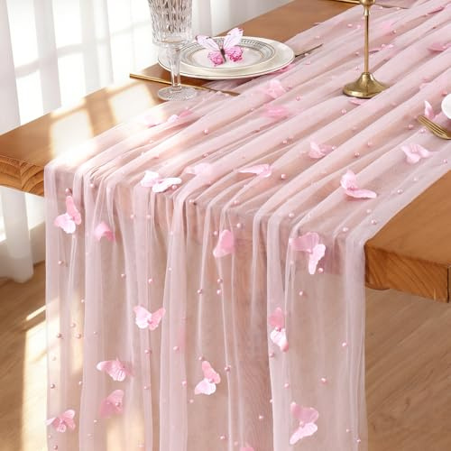 MEIVINES Tischläufer Tüll mit Perlen 75x300 cm Rosa Käsetuch Tischläufer