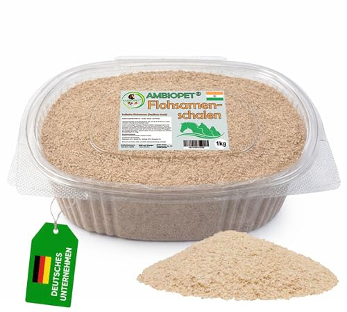 Ambiopet Flohsamenschalen (Psyllium Husks) im 1kg wiederverschließbaren Behälter, eine natürliche, geschmacksneutrale Ballaststoffquelle für den täglichen Bedarf von Hund, Katze und Pferd