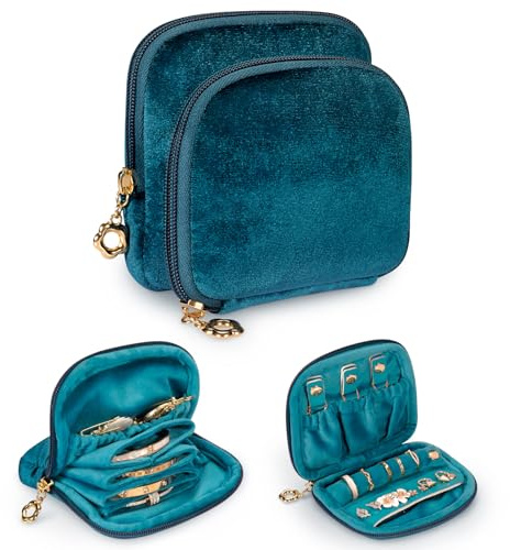 SITHON Double Layer Travel jewellery Case with Ring Holder, Green | Portable 2-in-1 Velvet jewellery Organizer Tangle-free Storage Bag for Rings Earrings Necklaces Bracelets, Teacher Gift