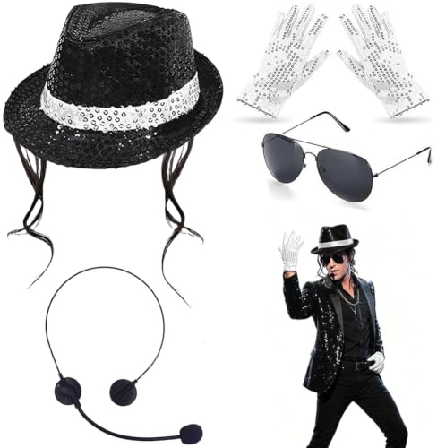MIFKLMV MJ Kostüm Zubehör für Erwachsene, Cosplay Kostümzubehör Jazz Paillettenhut Hut Fake Sonnenbrille, Disco Kostüm 80s Popstar Rockstar Karneval Halloween Cosplay Zubehör