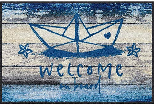Salonloewe Papierschiffchen Fußmatte waschbar 050 x 075 cm Fußabtreter Schmutzfangmatte maritim nordisch Seestern Welcome willkommen