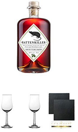 Rattenkiller Kräuterlikör 0,7 Liter + Nosing Kelchglas Bugatti mit Eichstrich 2cl und 4cl 2 Stück + Schiefer Glasuntersetzer 2 Stück