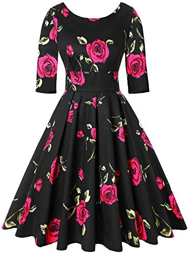 MINTLIMIT Women's Vintage 1950s Classy Rockabilly Retro Floral Pattern Print Cocktail Evening Swing Party Dress Floral Rose Black and Red,Size M