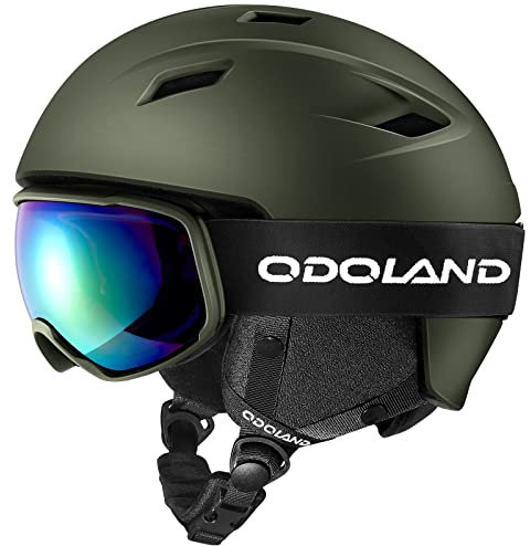 Odoland Skihelm und Skibrille Set, Snowboardhelm mit Snowboardbrille für Erwachsene, Schneebrille UV 400 Schutz Windwiderstand Snowboard Brille zum Skifahren und Bergsteigen Grün L