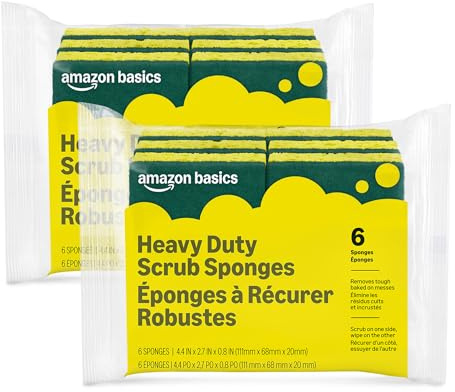 Amazon Basics Heavy Duty Dual-Sided Scrub Sponges, Reusable, 4.4 x 2.7 x 0.8 in, Yellow/Green, 6-Pack