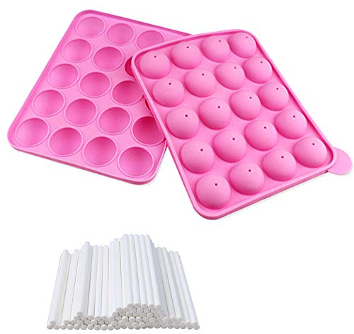 Zasiene Moule Cake Pop Moules à Pop Cake 20 Trous Kit Pop Cake avec 20 Bâtonnets de Sucette Moulle Silicone Sphere Sucette Chocolat Chaud pour Sucette Chocolat Gâteau Outils de Cuisson Bricolage