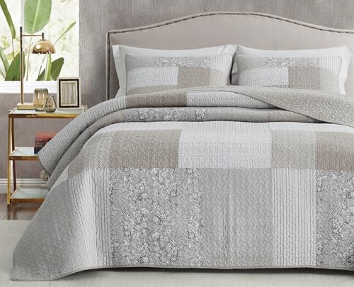 Chezmoi Collection Quinn 3-teiliges Patchwork-Steppdecken-Set aus Baumwolle, vorgewaschene Baumwolldecke, leicht, wendbar, für King-Size-Bett, neutrales Taupe, Grau-Weiß, Blumenmuster, Hibiskusblüte,