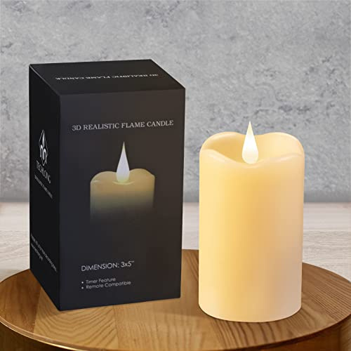 TECHLONG Flickering Flameless Candles with 3D Moving Flame, Last 1000+ Hours Battery Operated Candles with Timer, Ivory Real Wax Pillar Electric LED Candle for Wedding Christmas Party/3 x 5