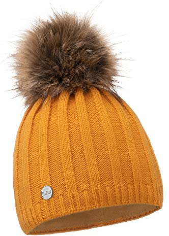 ELIMELI Kaschmir Mütze Damen Winter warme Strickmütze Wollmütze mit Kaschmir Wintermütze mit Kunstfell Bommel Beanie Damen für Winter Bommelmütze (Senfgelb)